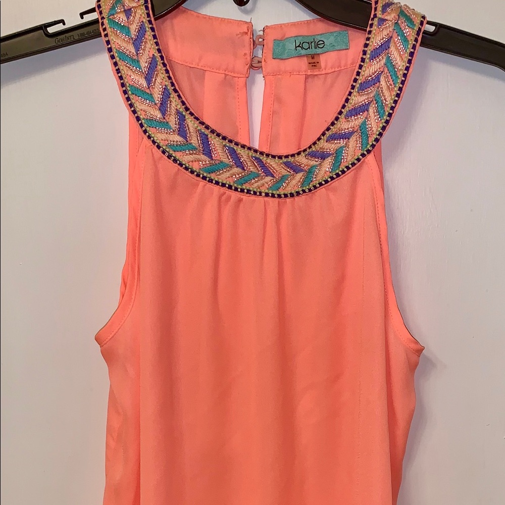 Karlie neon coral beaded neck blouse medium NWOT